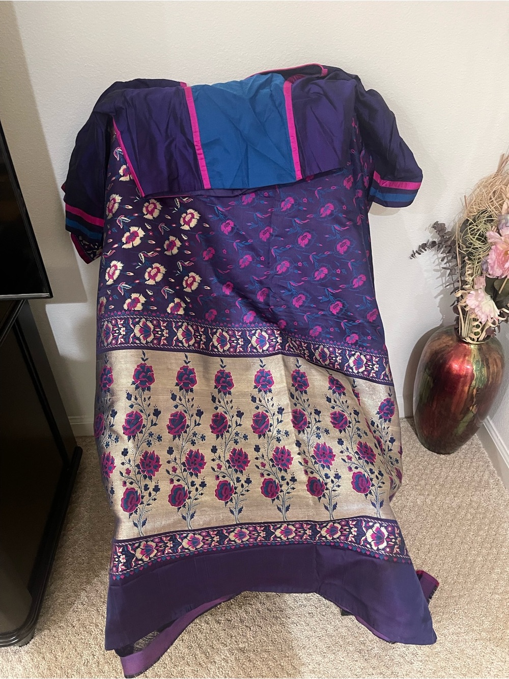 Gorgeous Handwoven Floral Katan Silk Benarasi Saree With Stitched Blouse Sz 40